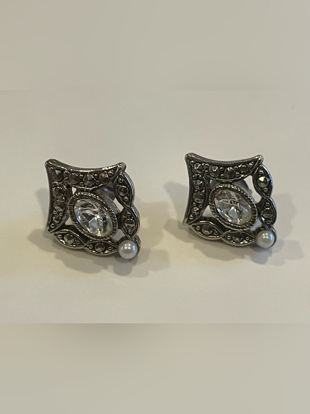 Jeweled Silver Tone Faux Pearl Pierced Earrings #0252